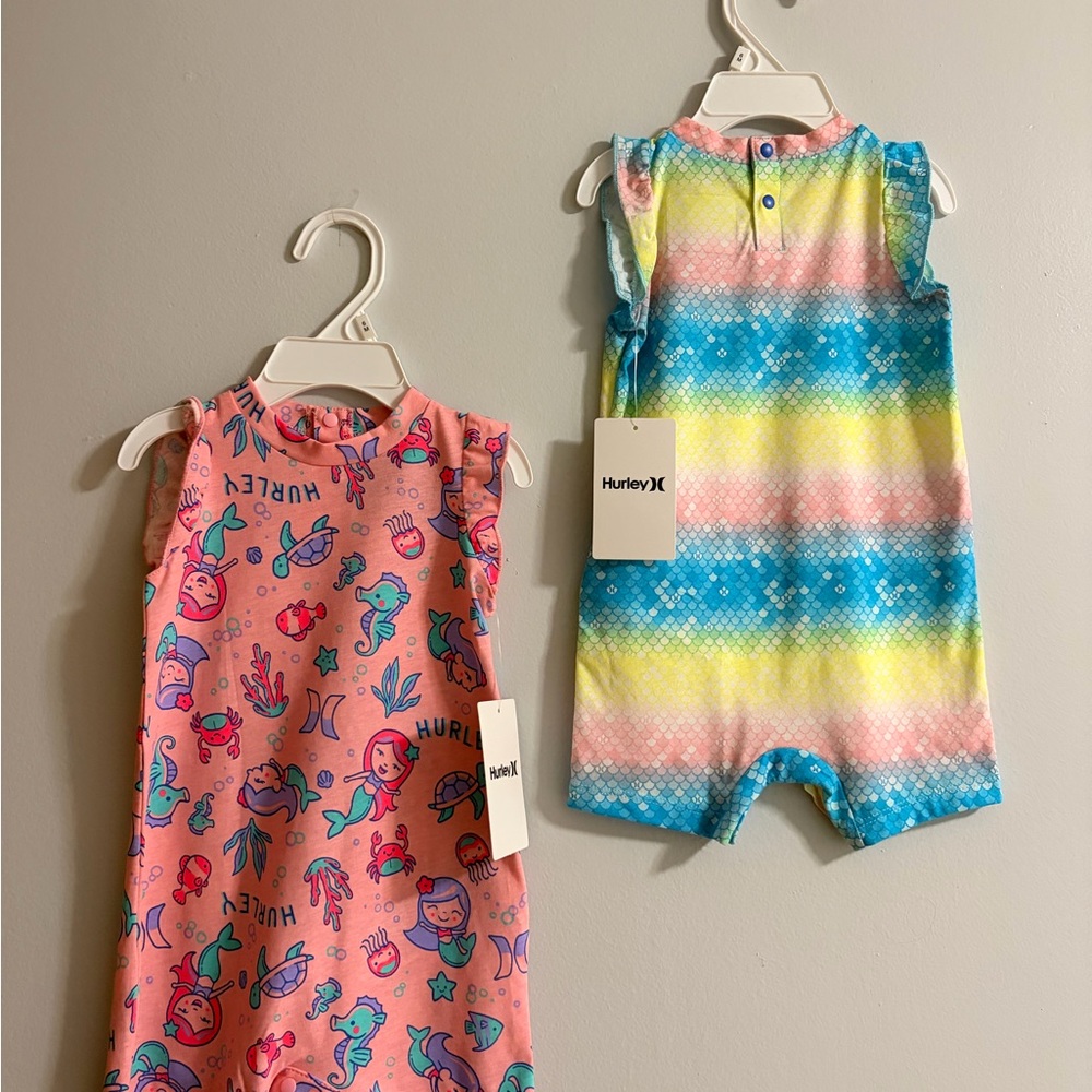 Girls' Hurley Bundle Sleeveless Rompers in Pink Mermaid Print & Rainbow Stripe